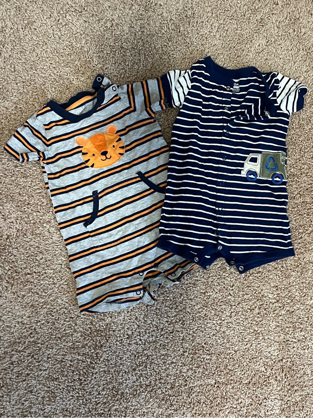 Carter's Navy and Gray Striped Short-Sleeve Romper Set with Orange Lion Patch